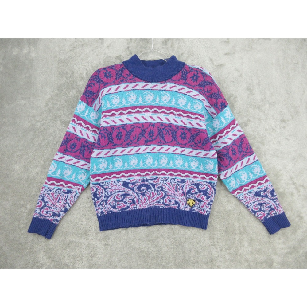 VTG Descente Sweater Womens Size S Vintage Mock Paisley Pullover Striped Nordic